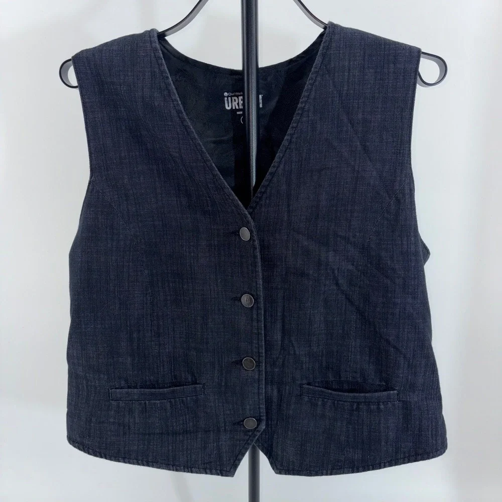 Chef Works Urban Collection Mens Large Black Denim Vest Paisley Lining Cinch Bk
